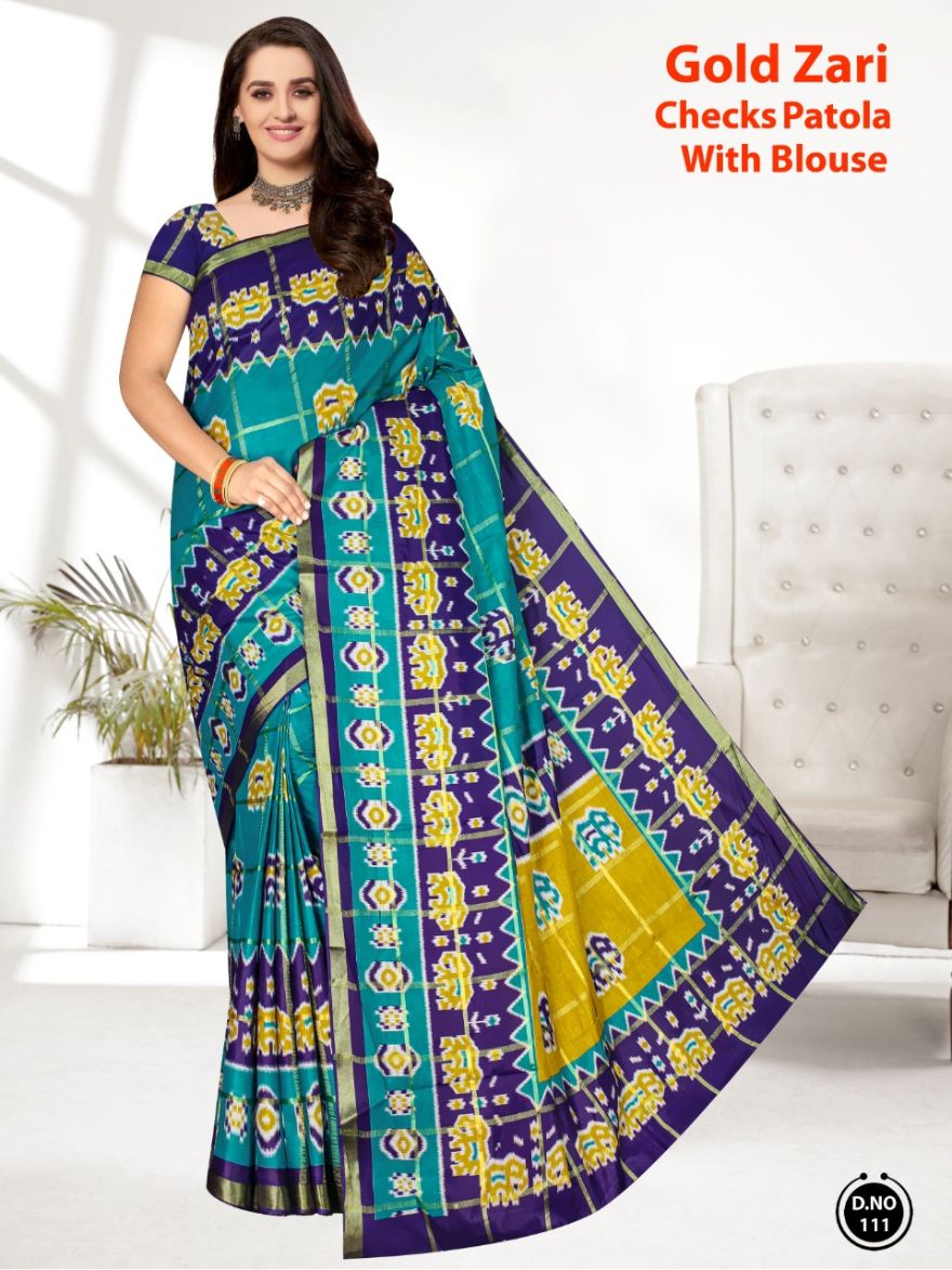 Gold Zari Checks Patola Ethnic Wear Cotton Printed Saree Collection